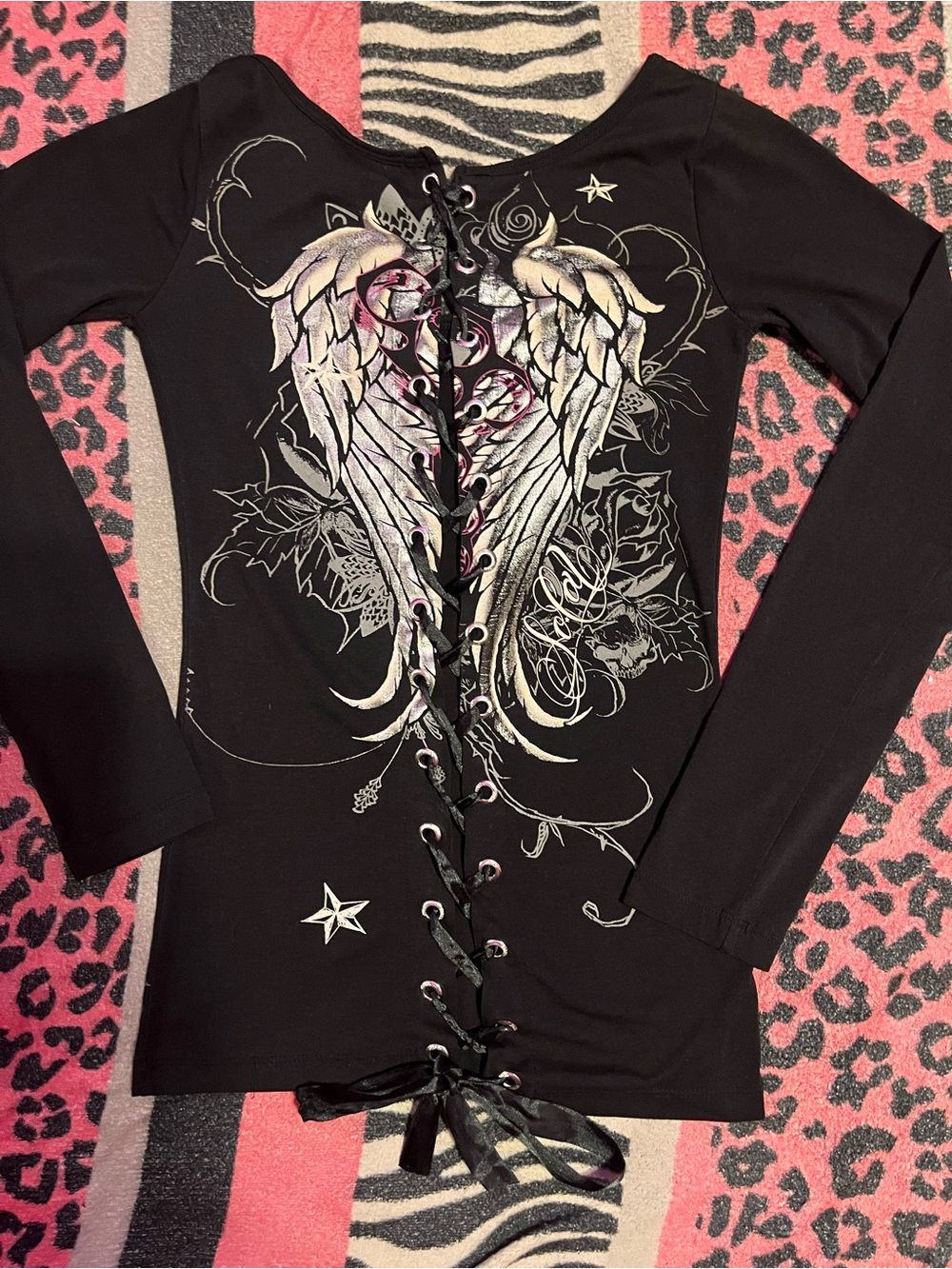 Vintage SoCal Angel wings open back lace up long sleeve shirt